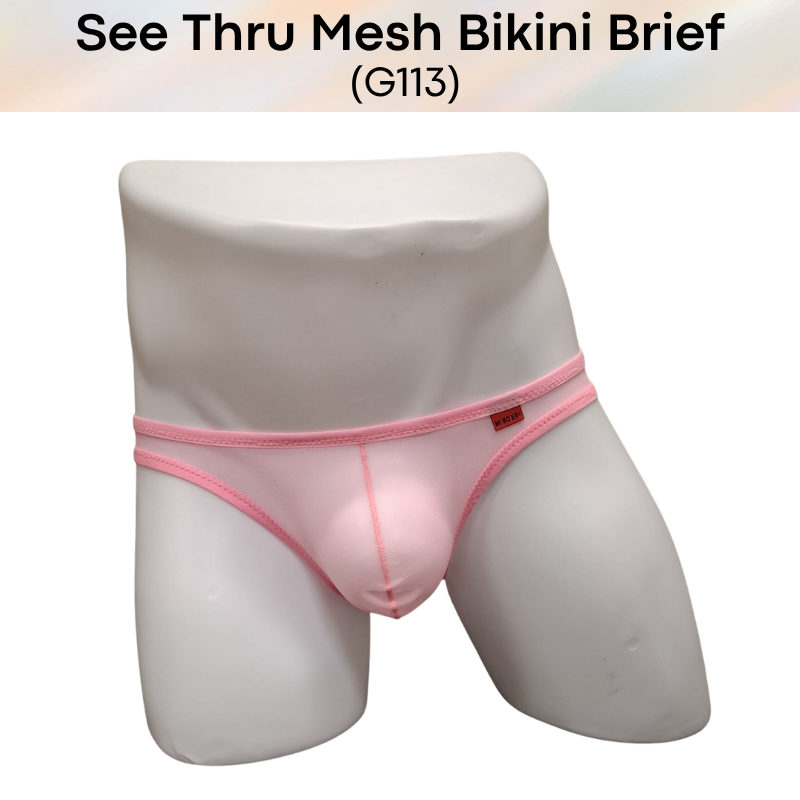 Men's Brief: Polyester Mesh See Through Bikini Brief Underwear (G113)