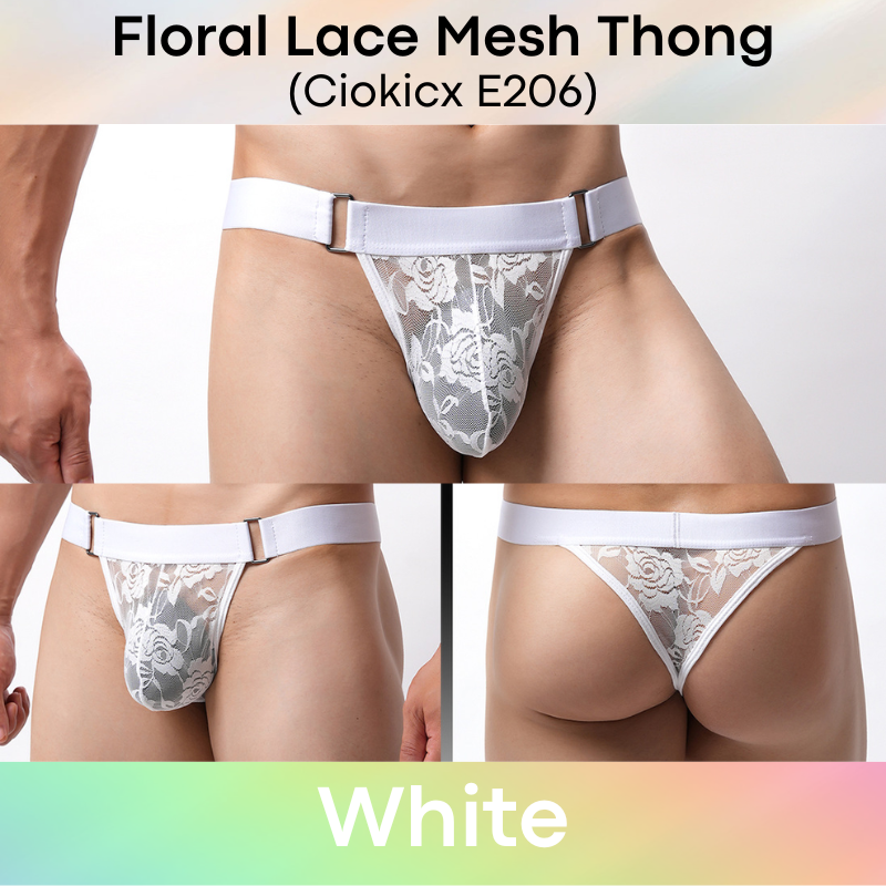 Men's Thong: Polyester Floral Lace Mesh See Through Thong Underwear (E206)