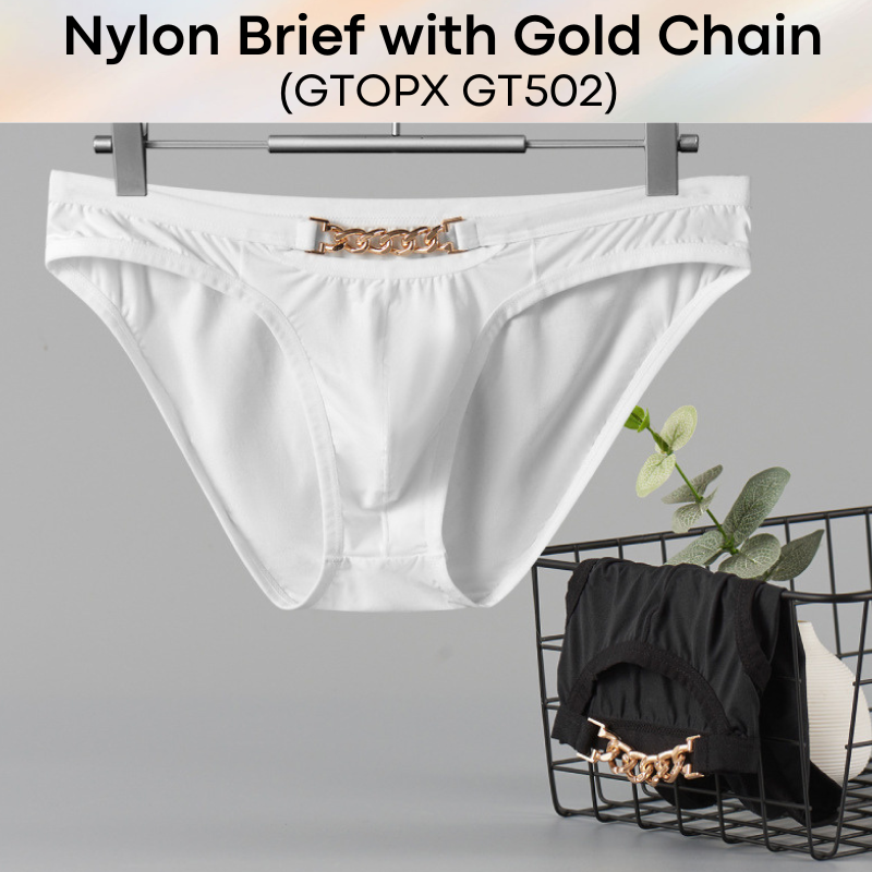 Men's Brief: Nylon Brief with Gold Metal Chain Accessory (GT502)