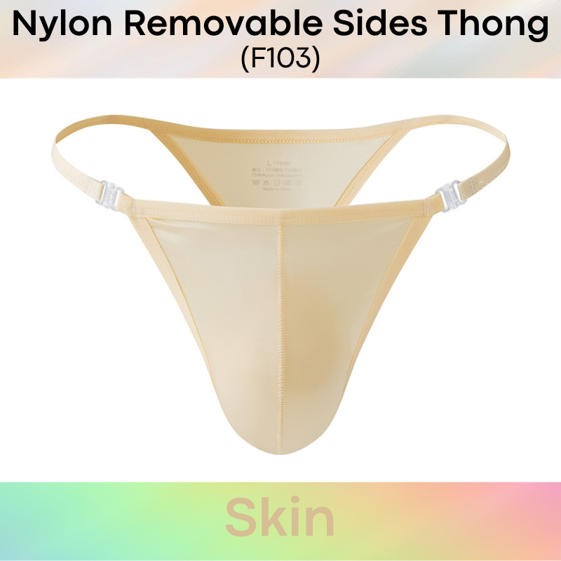 Men's Thong: Nylon Satin-Like Shiny Wide Thong with Removable Side Clip Buckle (F103)