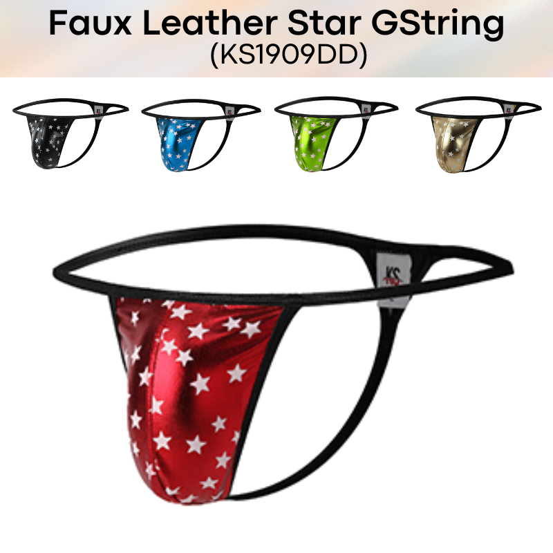 Men's GString: Polyester Faux Leather Star Print Design GString Underwear (KS1909DD)