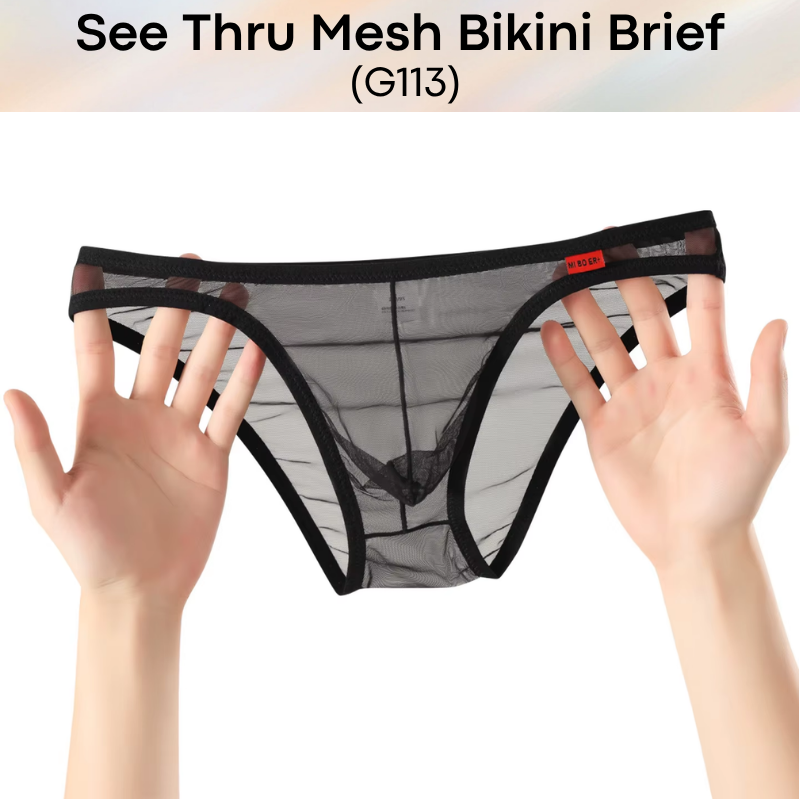 Men's Brief: Polyester Mesh See Through Bikini Brief Underwear (G113)