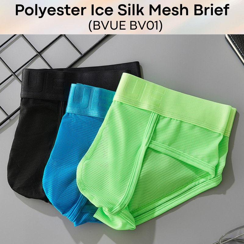 Men's Brief: Polyester Ice Silk Mesh Sports Brief in Metallic Colours Underwear (BV01)