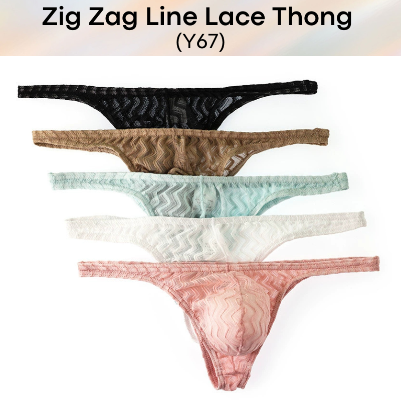 Men's Thong : Polyester Zig Zag Line Lace Thong (Y67)