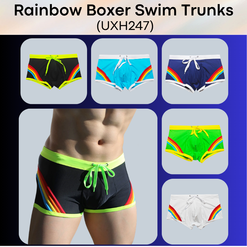 Men's Swim Trunks: Polyester Rainbow Sewn-on Boxer Brief Swimming Trunks (UXH247)
