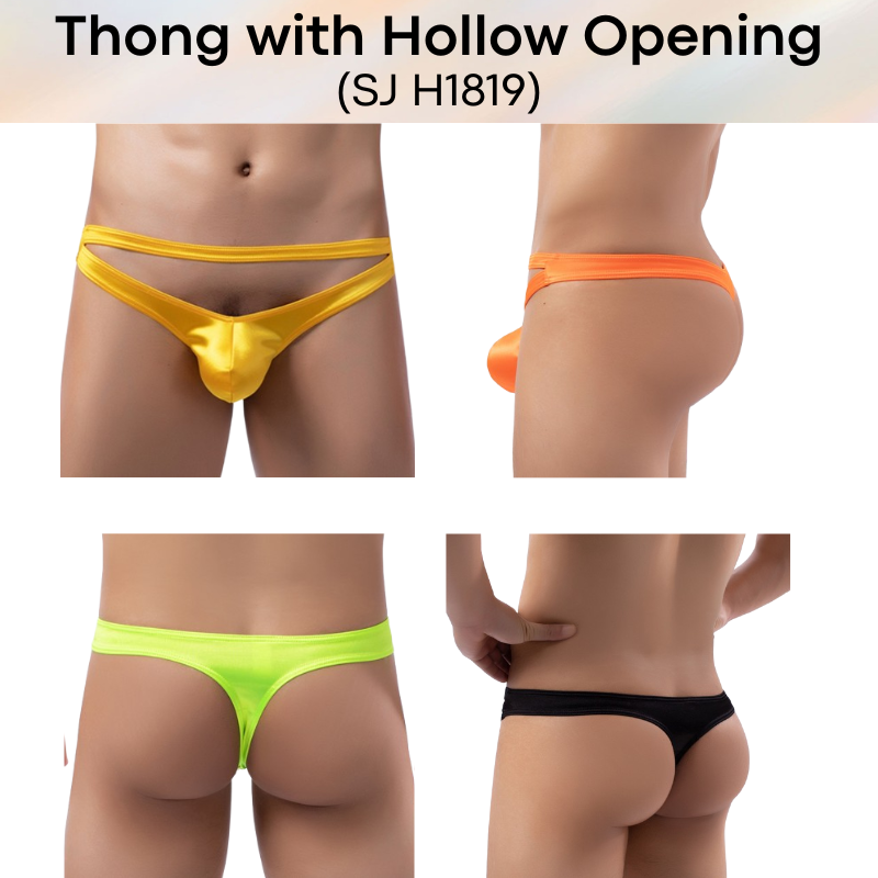 Men's Thong : Nylon Thong with Hollow Front Opening and Additional Front Waistband (SJ H1819)