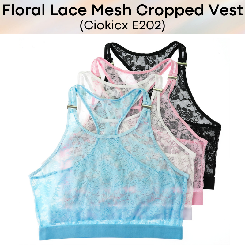 Men's Inner Tee: Polyester Floral Lace Mesh See Through Cropped Inner Vest with Removable Clip Underwear (E202)