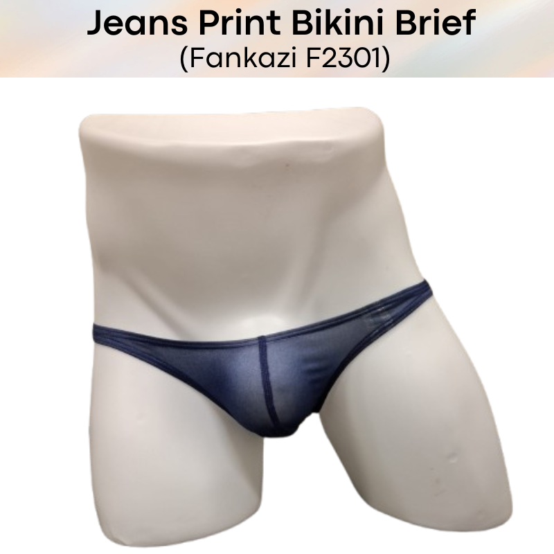 Men's Brief: Polyester Jeans Print Bikini Brief Underwear (F2301)