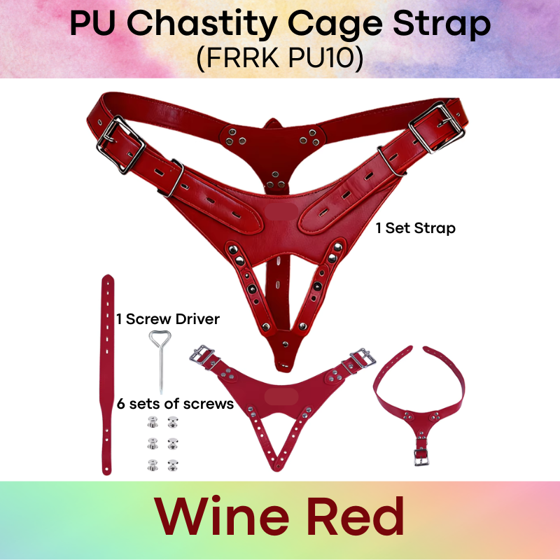 Adult Toy: Men's PU Chastity Cage Thong Strap with Lockable Belt and Tamper Proof Screw (FRRKPU10)