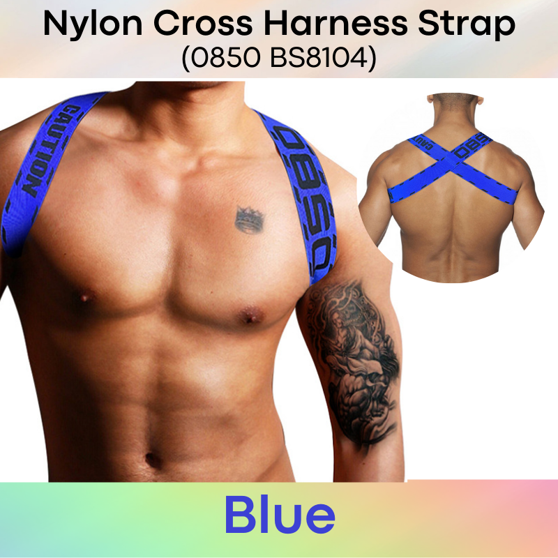 Men's Strap: Nylon Spandex Harness Back Cross Strap with Logo/Text "0850 Caution" (BS8104)