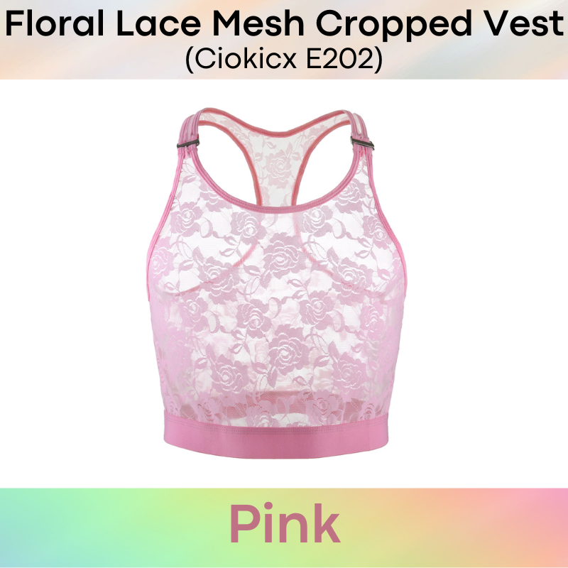 Men's Inner Tee: Polyester Floral Lace Mesh See Through Cropped Inner Vest with Removable Clip Underwear (E202)