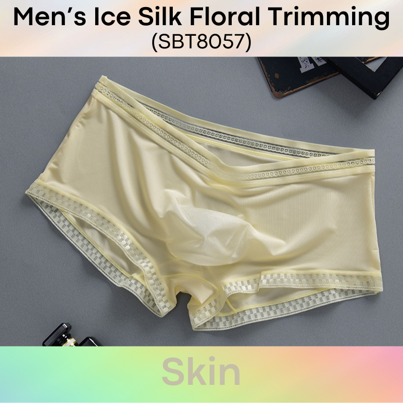 Men's Boxer : Ice Silk Floral Lace Trimming, Almost Translucent Boxer Brief Trunk (SBT8057)