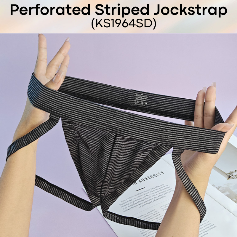 Men's Jockstrap: Polyester Tiny Perforated Striped Jockstrap Underwear (KS1964SD)