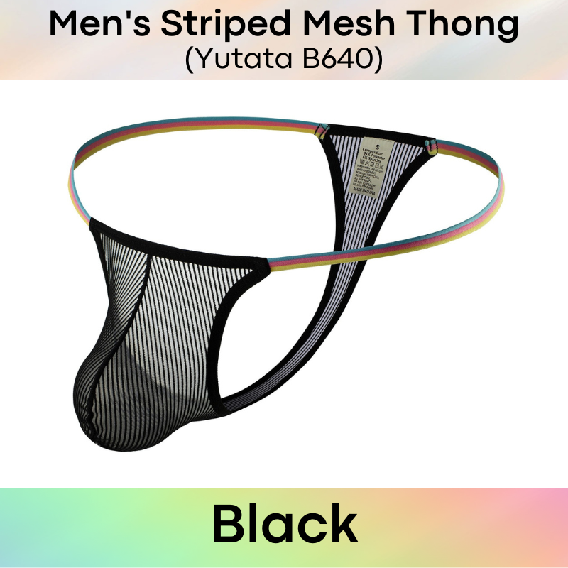 Men's Thong : Striped Mesh See Through with Thin Rainbow Waistband (Yutata B640)