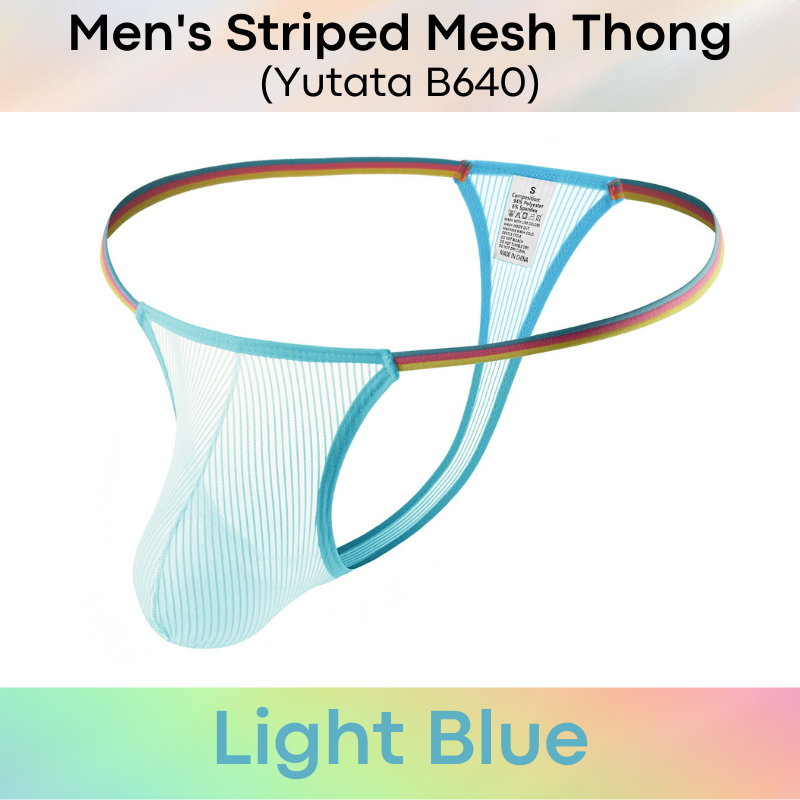 Men's Thong : Striped Mesh See Through with Thin Rainbow Waistband (Yutata B640)