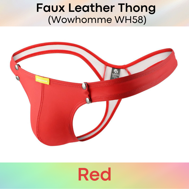 Men's Thong : Faux Leather Thong with Removable Pouch (Wowhomme WH58)