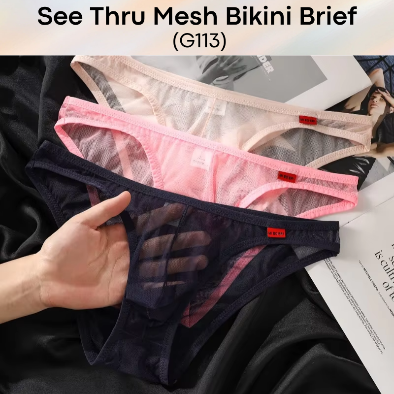 Men's Brief: Polyester Mesh See Through Bikini Brief Underwear (G113)