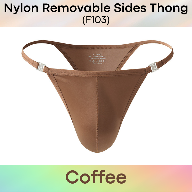 Men's Thong: Nylon Satin-Like Shiny Wide Thong with Removable Side Clip Buckle (F103)