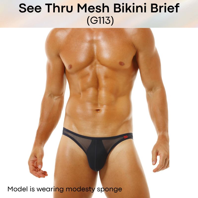 Men's Brief: Polyester Mesh See Through Bikini Brief Underwear (G113)