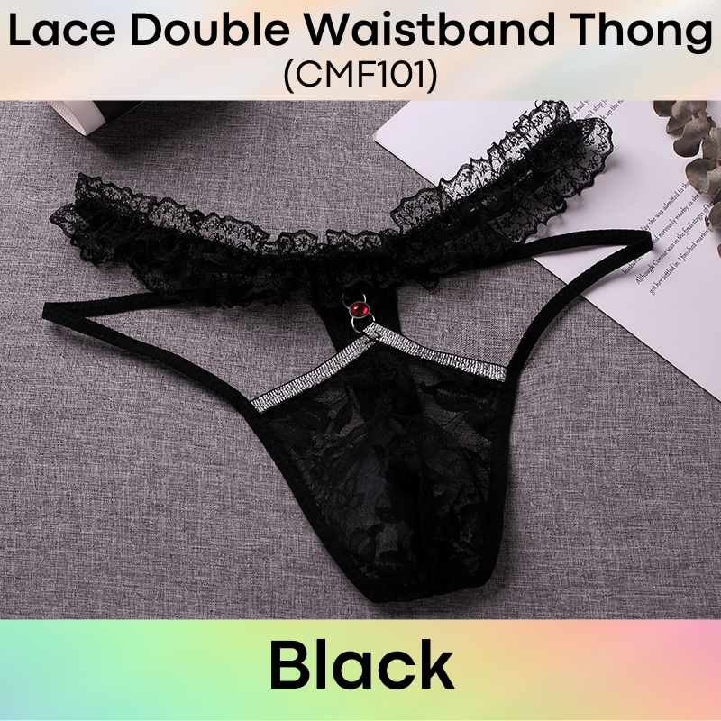 Men's Thong: Polyester Floral Lace Double Waistband Thong Underwear (CMF101)