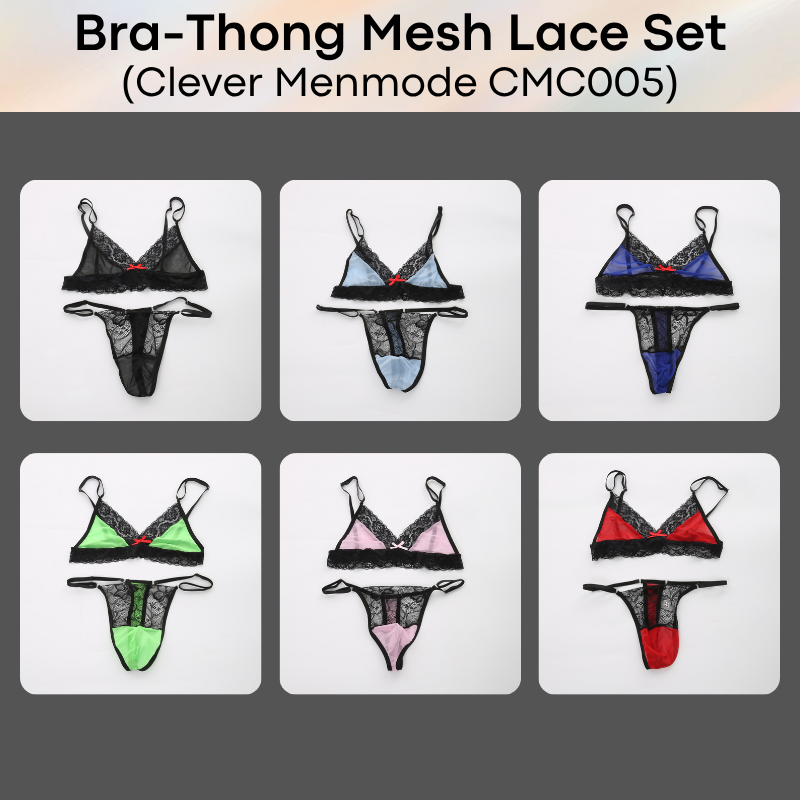 Men's Thong: Nylon Lace-Mesh Chest Bra and Thong Underwear Set (CMF006)