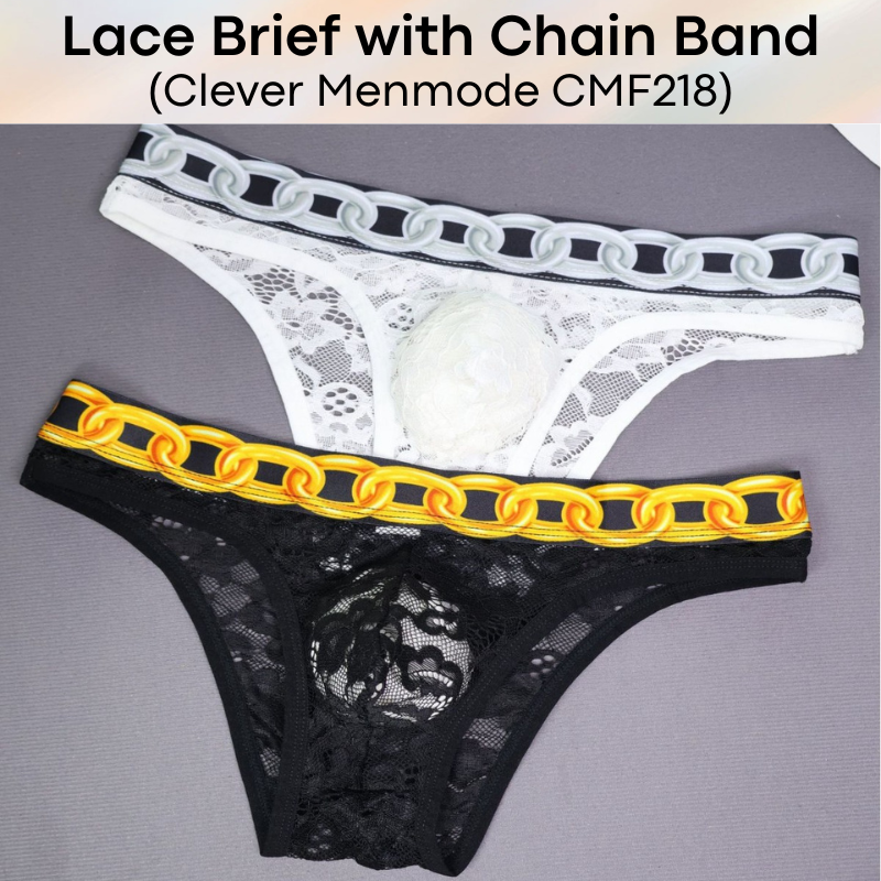 Men's Brief: Floral Lace with Chain Print Waistband Half Brief Underwear (CMF218)
