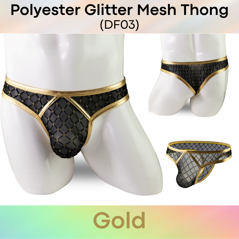 Men's Thong: Polyester Mesh Thong with Glittery Embellishment and Faux Leather Trimmings (DF03)
