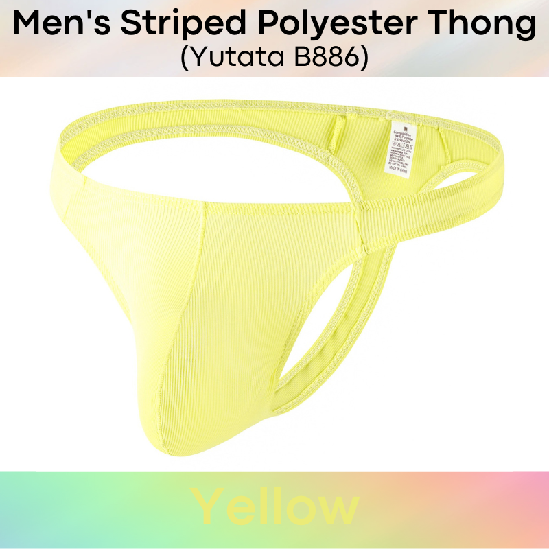 Men's Thong : Striped Pattern Polyester Thong with Close to Skin Front Large Pouch (Yutata B886)