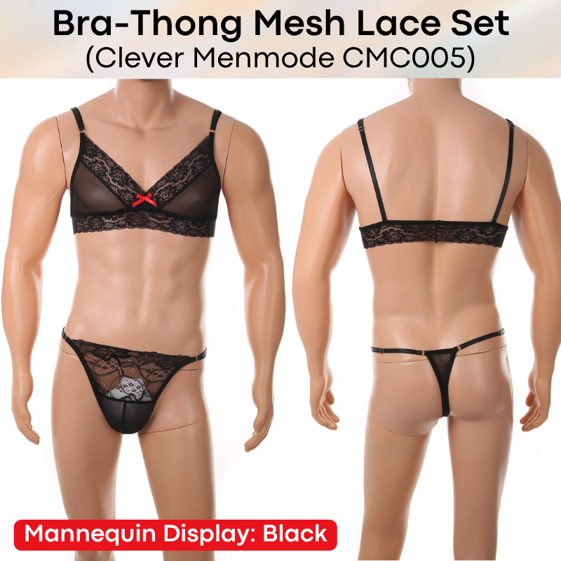 Men's Thong: Nylon Lace-Mesh Chest Bra and Thong Underwear Set (CMF006)