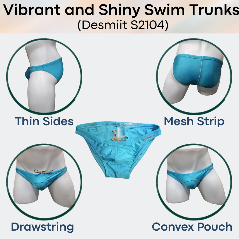 Men's Swimwear: Nylon Bikini Drawstring Swimming Trunks with 3D Convex Pouch Strip in Shiny Colours (S2104)