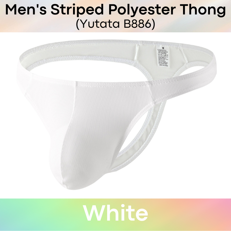 Men's Thong : Striped Pattern Polyester Thong with Close to Skin Front Large Pouch (Yutata B886)