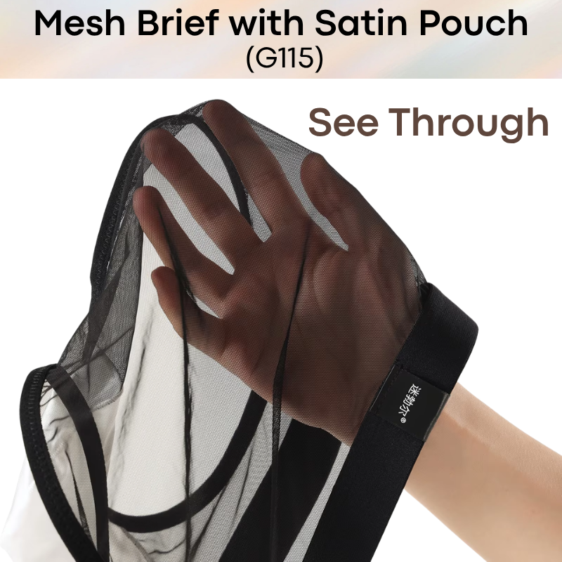 Men's Brief: Polyester Mesh See Through Brief with Satin Pouch Underwear (G115)