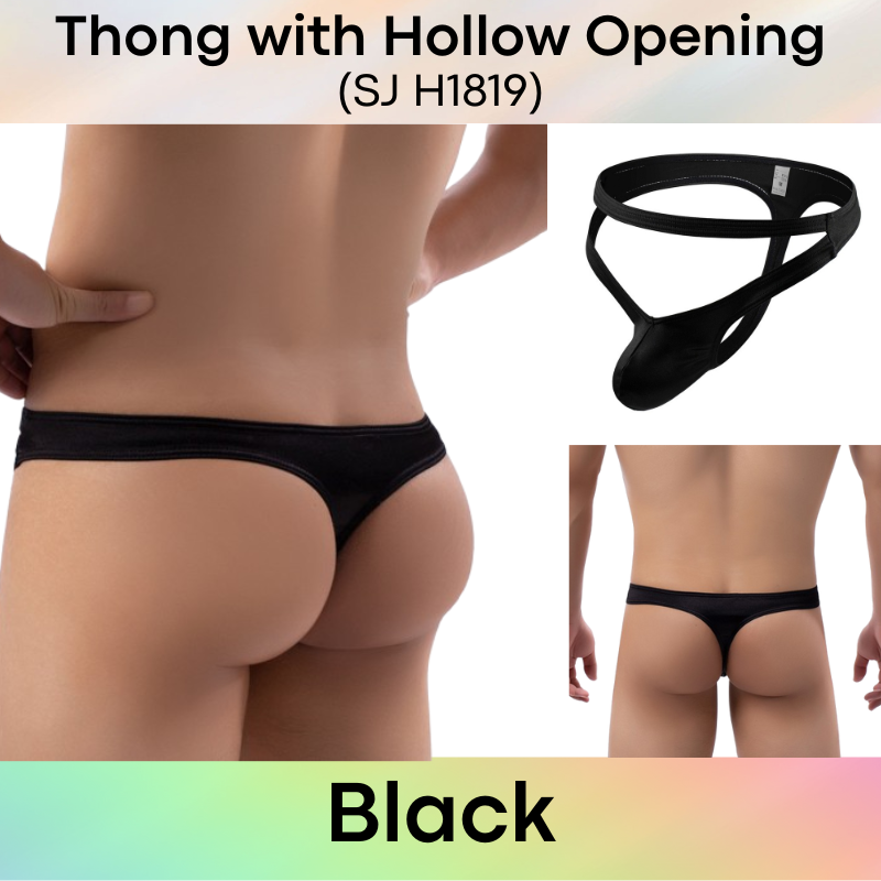 Men's Thong : Nylon Thong with Hollow Front Opening and Additional Front Waistband (SJ H1819)