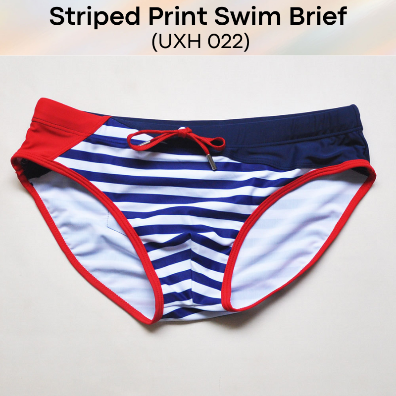 Men's Swimwear: Polyester Striped Print Swimming Brief Trunks (UXH022)