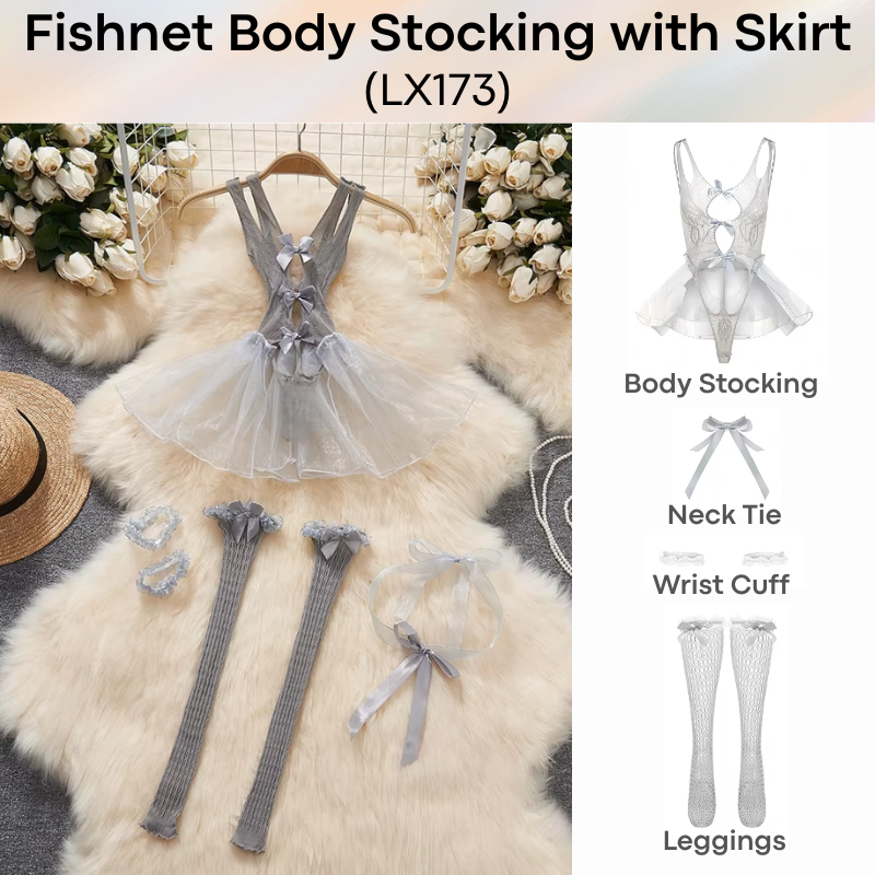 Unisex Underwear: Polyester Gray Bodysuit with Open Front Mini Skirt and Thong Underwear Set (LX173)