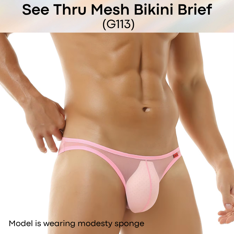 Men's Brief: Polyester Mesh See Through Bikini Brief Underwear (G113)
