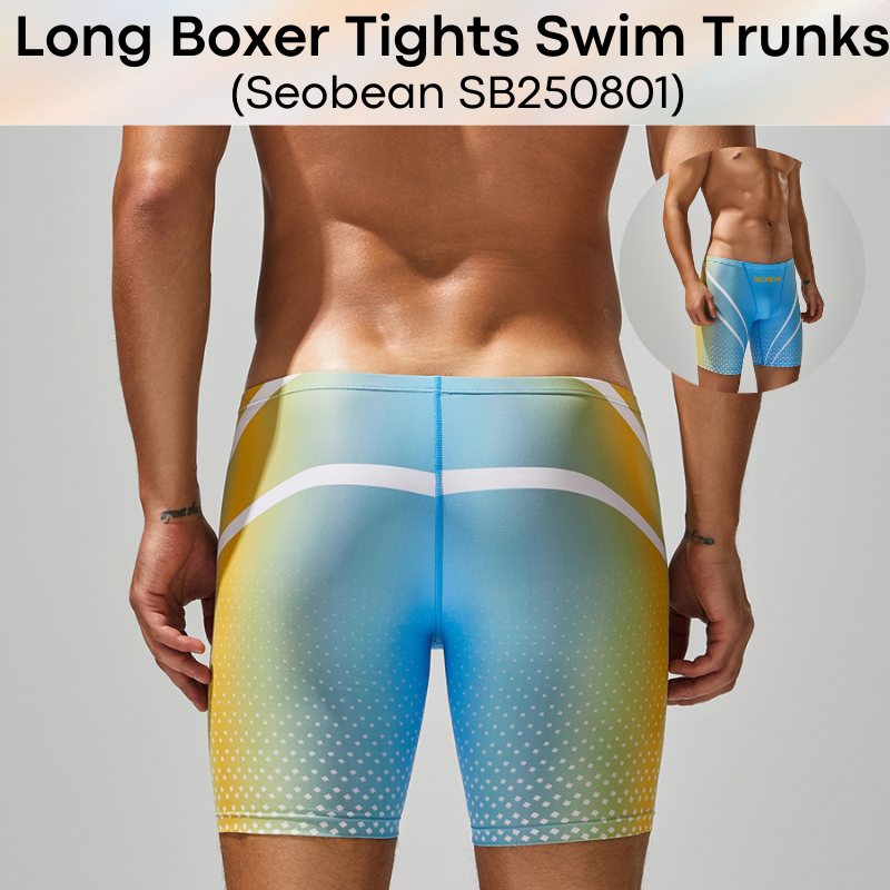 Men's Swim Trunks : Polyester Low Waist Long Boxer Tights Swim Trunks with Gradient Colour Print (Seobean SB250801)