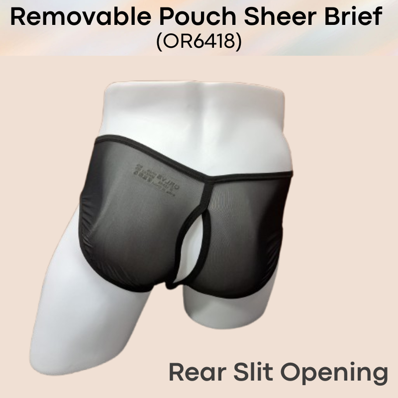 Men's Brief: Nylon Sheer Brief with Removable Pouch and Rear Mid Split Opening (OR6418)