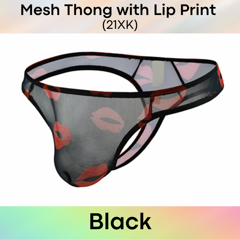 Men's Thong : Polyester Mesh Thong with Lip Print (21XK)