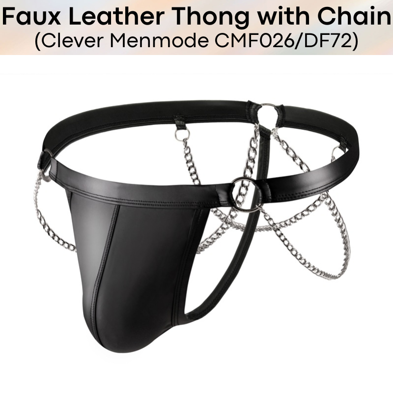 Men's Thong: Polyester Faux Leather Thong with Chain Accessory Underwear (CMF026/DF72)