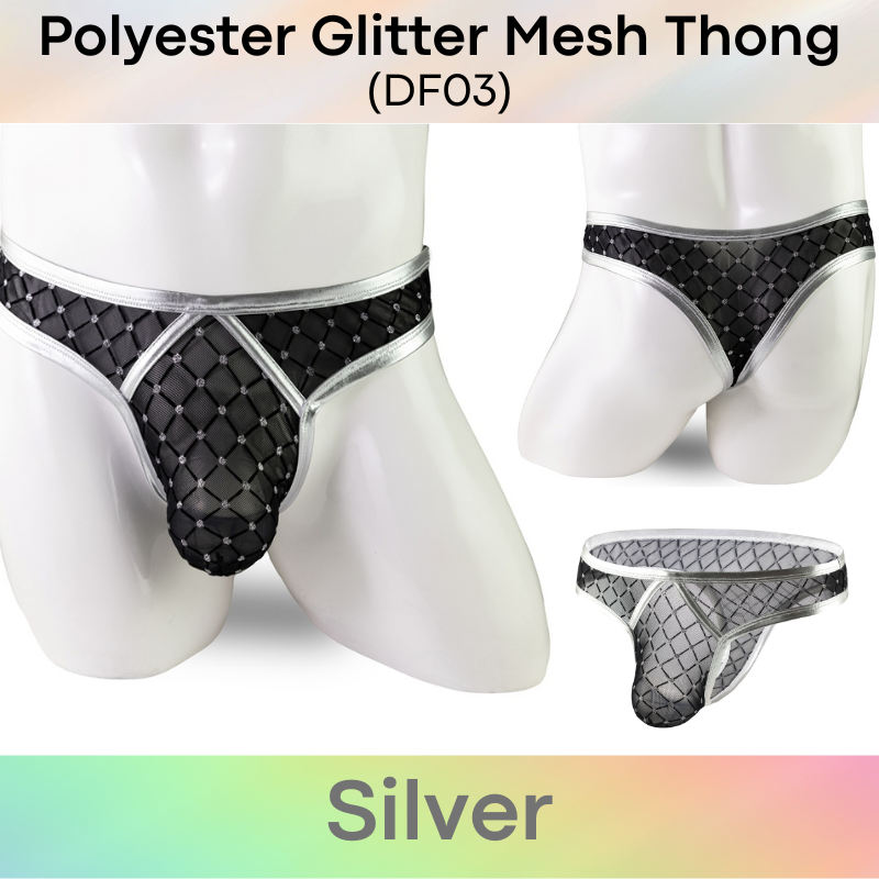 Men's Thong: Polyester Mesh Thong with Glittery Embellishment and Faux Leather Trimmings (DF03)