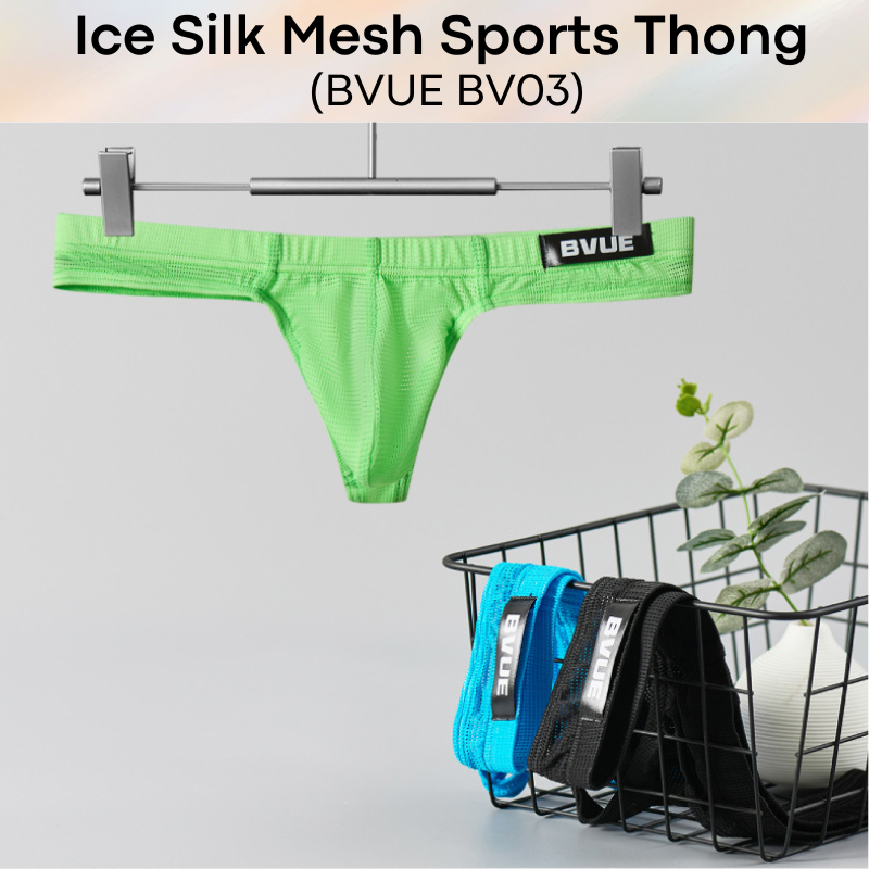 Men's Thong: Polyester Ice Silk Mesh Sports Thong in Metallic Colours Underwear (BV03)