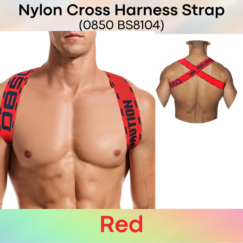 Men's Strap: Nylon Spandex Harness Back Cross Strap with Logo/Text "0850 Caution" (BS8104)