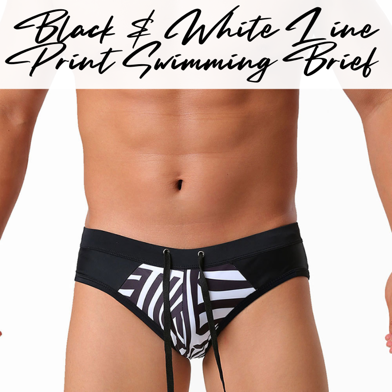 Men's Swim Trunks: Polyester B&W Irregular Line Print Swim Brief Trunks with Drawstring (UXH373)