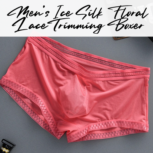 Men's Boxer : Ice Silk Floral Lace Trimming, Almost Translucent Boxer Brief Trunk (SBT8057)