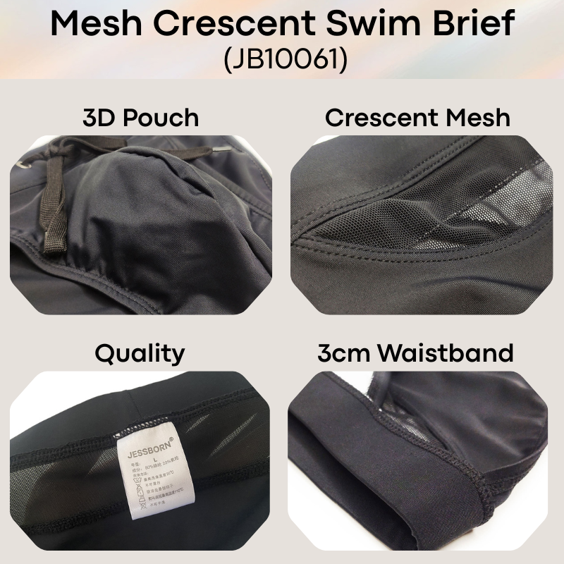 Men's Swimwear: Polyester Swimming Brief Trunks with Crescent Mesh Rear (JB10061)