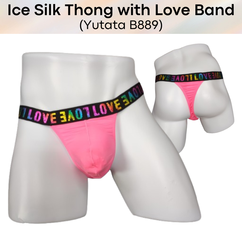 Men's Thong : Polyester Ice Silk Thong with Love Waistband (Yutata B889)