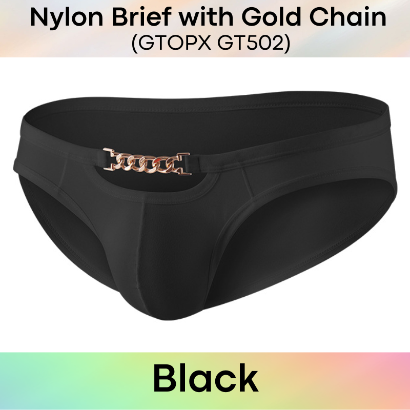 Men's Brief: Nylon Brief with Gold Metal Chain Accessory (GT502)