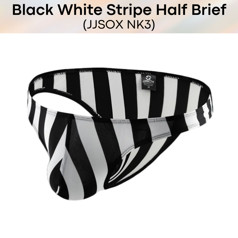 Men's Brief: Black White Stripe Polyester Half Brief (NK3)