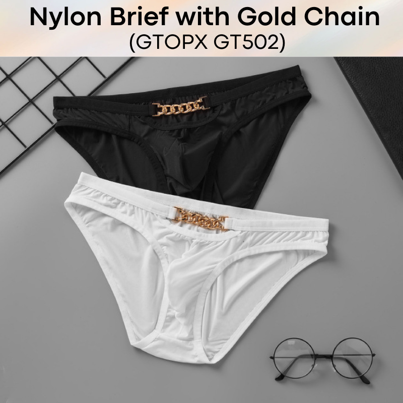 Men's Brief: Nylon Brief with Gold Metal Chain Accessory (GT502)
